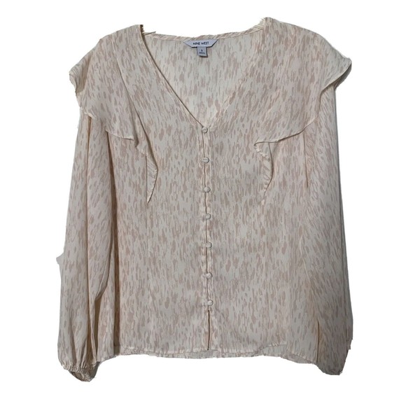 Nine West Blouse Pink Cheetah Sheer Button Up V Neck Long Sleeve NWT SMALL - Picture 1 of 11